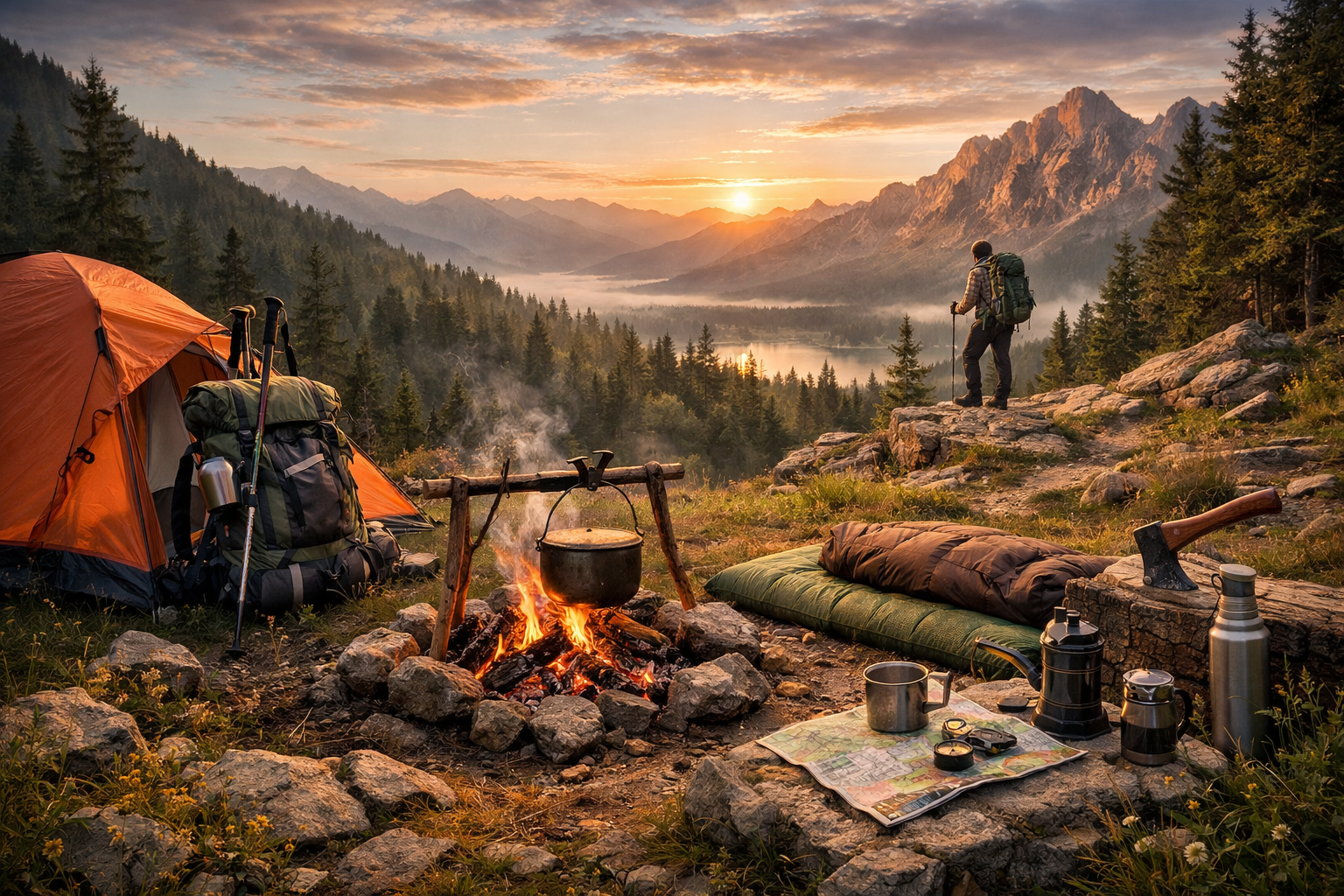 Paysage naturel outdoor avec randonnée et bivouac