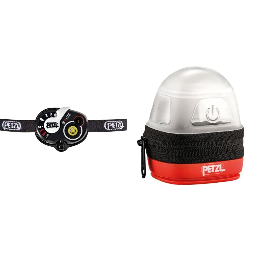 PETZL Lampe Frontale E+Lite 30 Lumens & Noctilight - Étui de Protection et de Transport pour Lampes Frontales (Tikkid, Tikkina, Tikka, Zipka, Actik, Actik Core, Swift RL) Noir/Orange